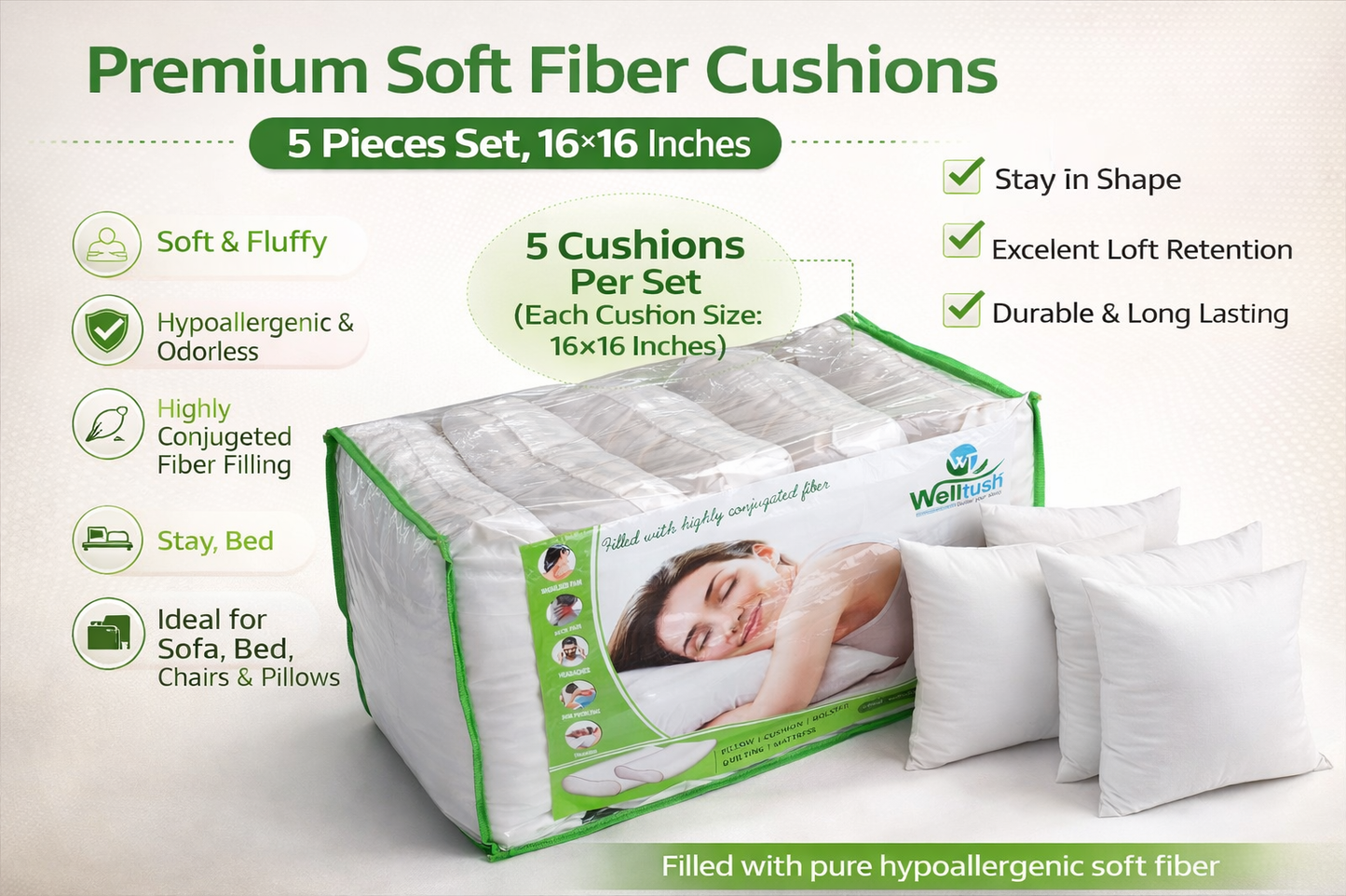 Welltush Premium Cushion Set(5 Pcs)