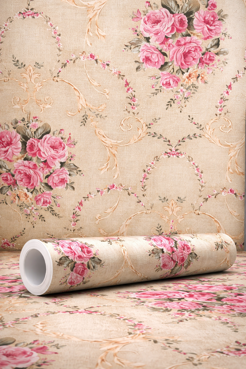 Vintage Floral Rose Wallpaper in Beige & Pink