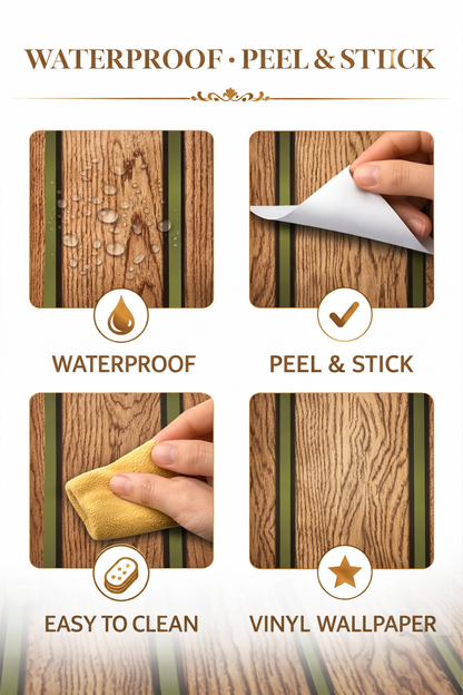 Luxury Wooden Panel Vinyl Wallpaper with Gold Strips