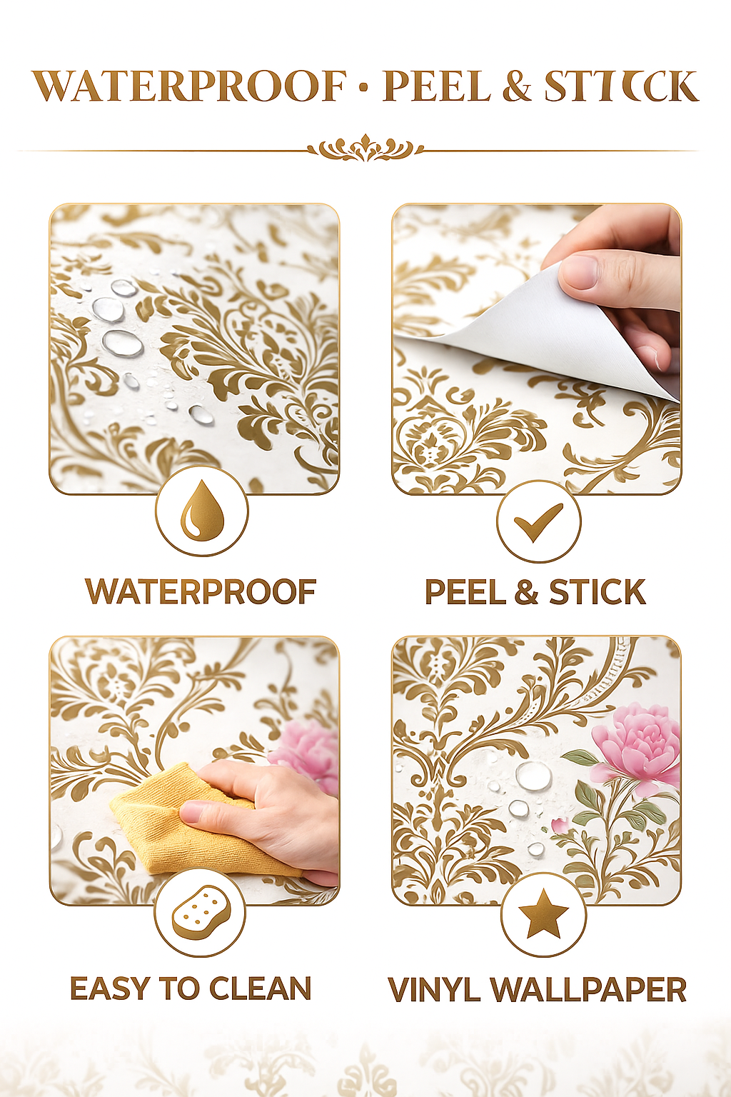 Golden Damask Self Adhesive Wallpaper