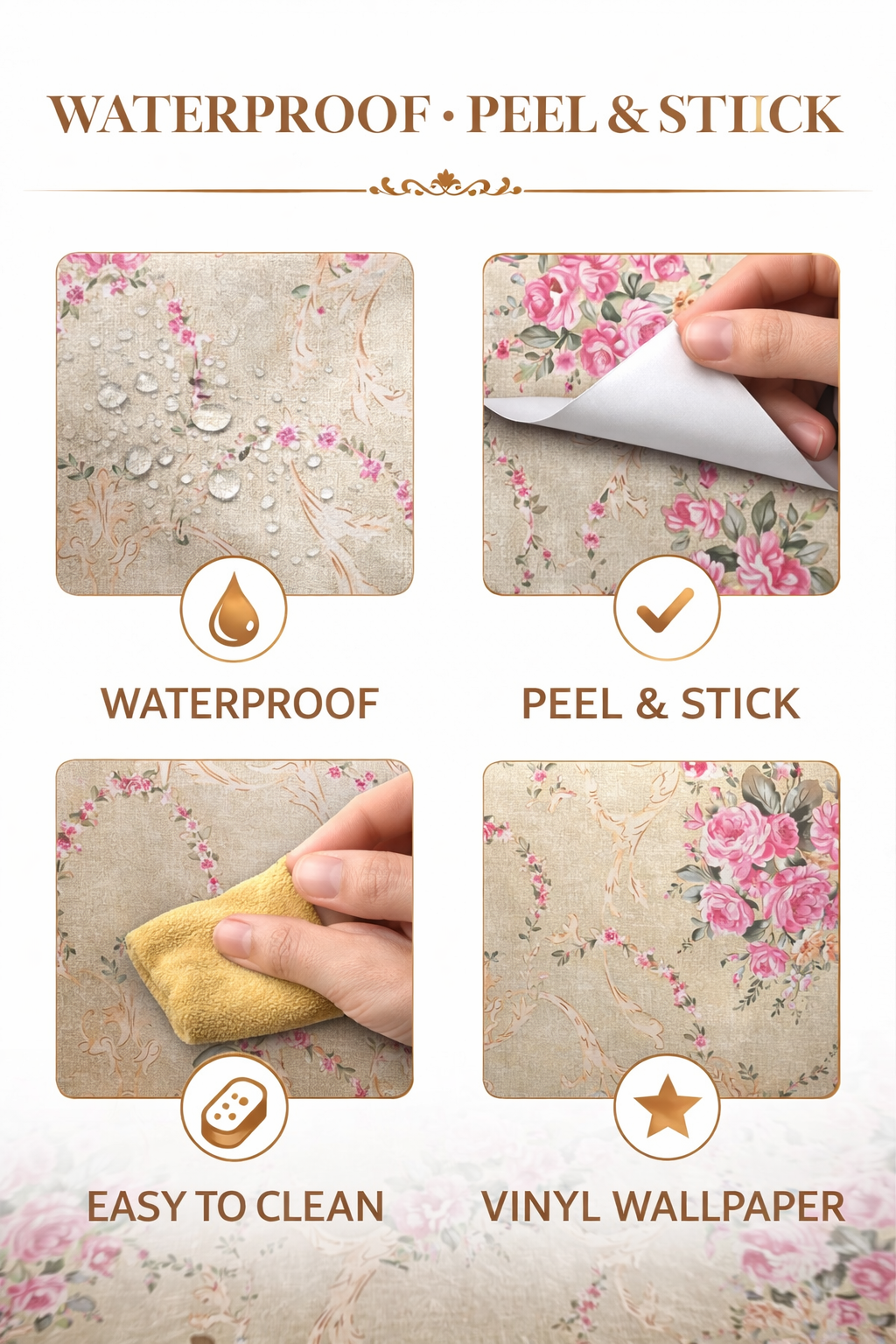 Vintage Floral Rose Wallpaper in Beige & Pink