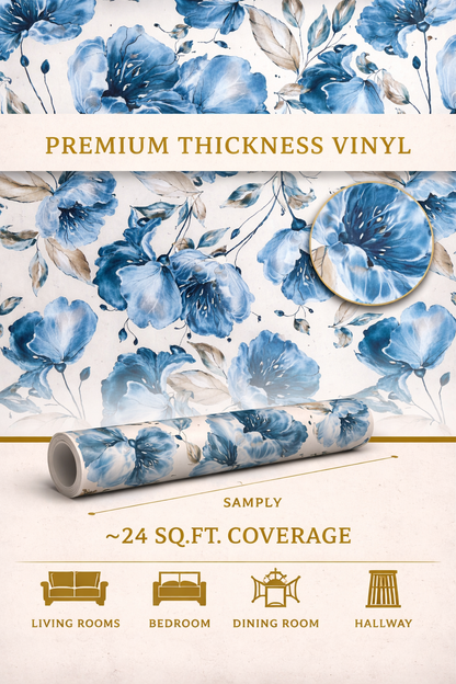 Elegant Blue Floral Vinyl Wallpaper
