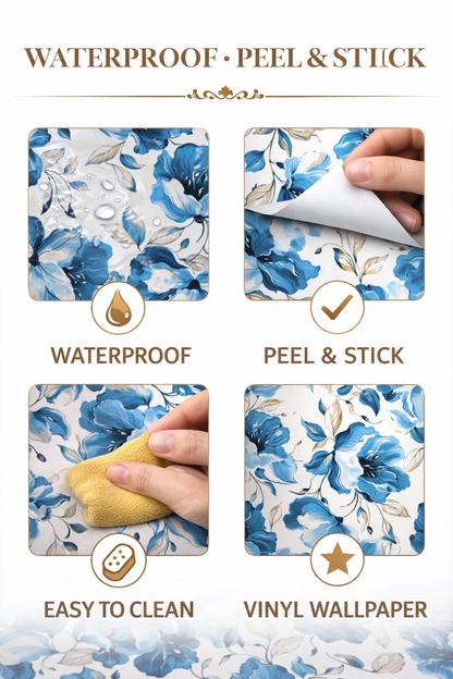 Elegant Blue Floral Vinyl Wallpaper