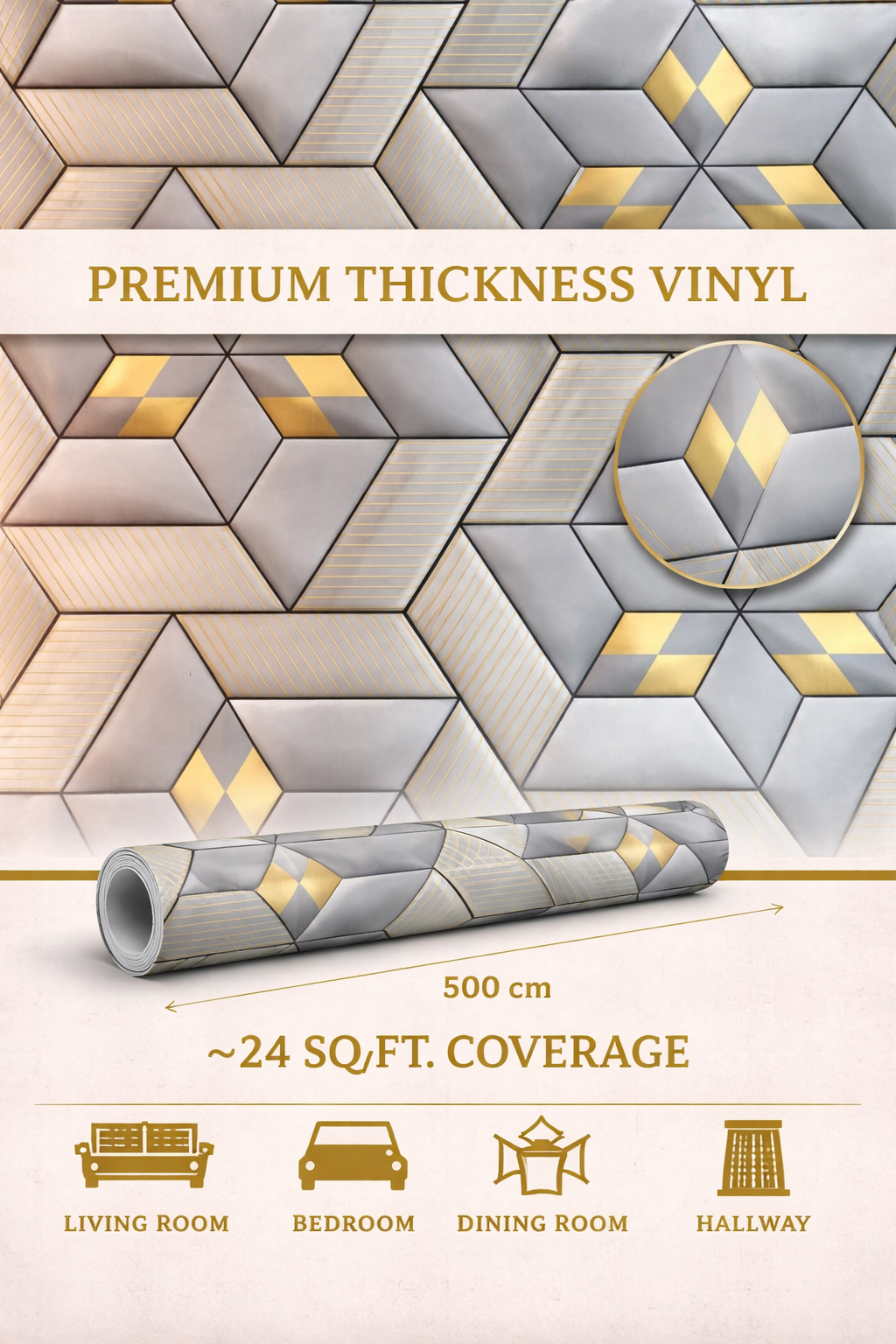 Luxury Geometric Light Grey & Gold Vinyl Wallpaper