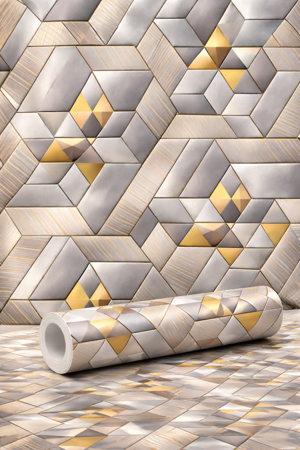 Luxury Geometric Light Grey & Gold Vinyl Wallpaper