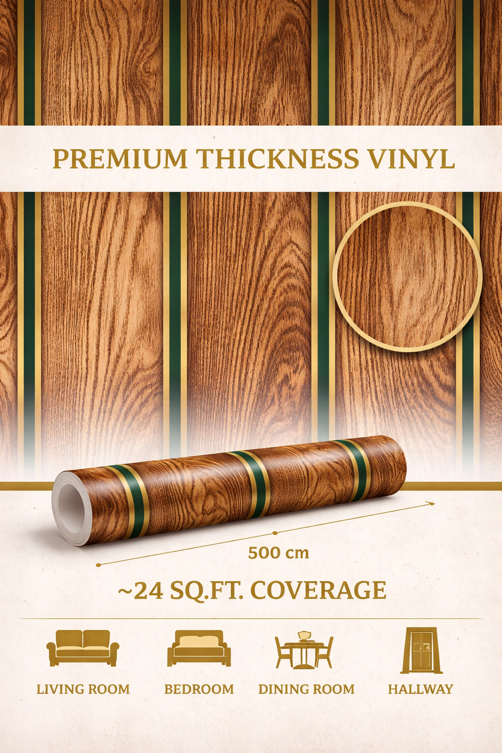 Luxury Wooden Panel Vinyl Wallpaper with Gold Strips