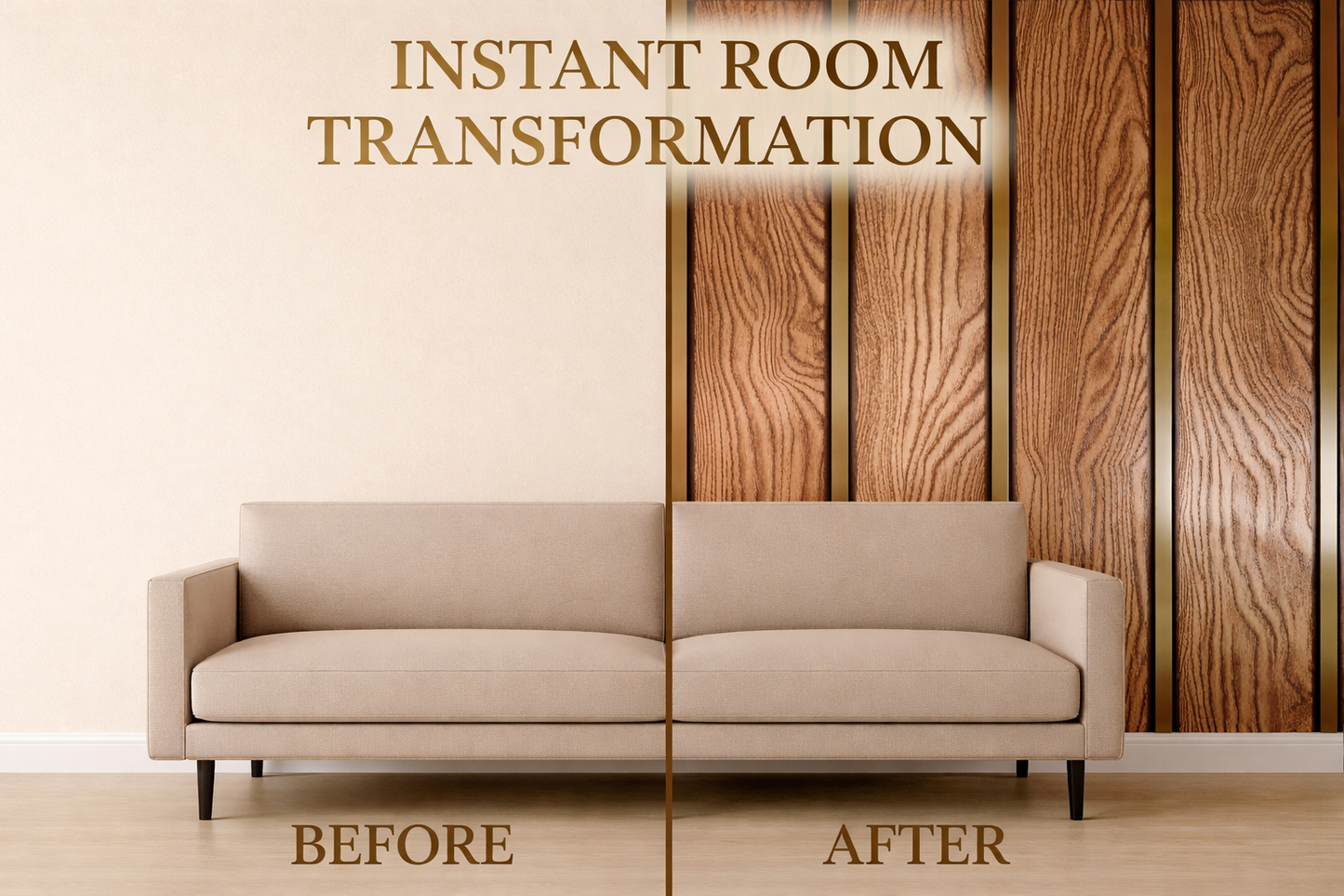 Luxury Wooden Panel Vinyl Wallpaper with Gold Strips