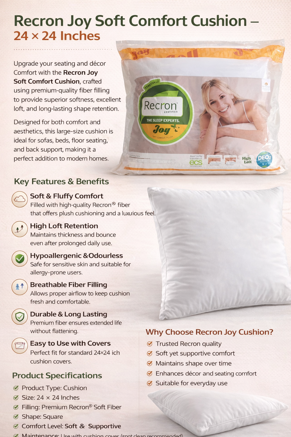 Recron Joy Soft Comfort Cushion – 24 × 24