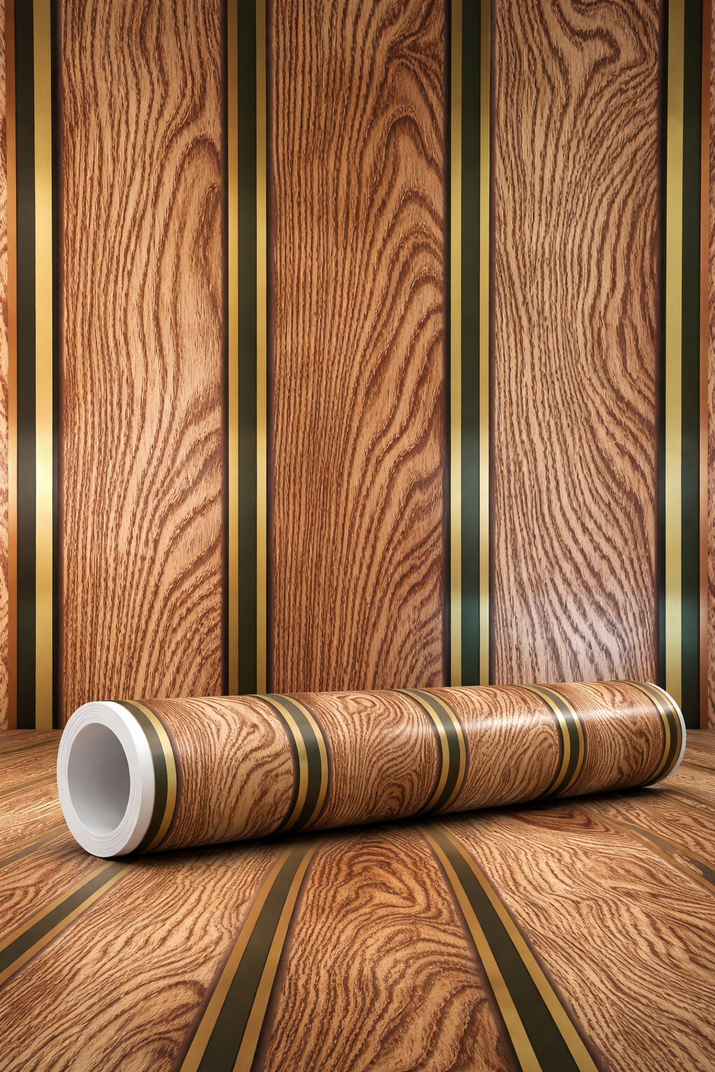 Luxury Wooden Panel Vinyl Wallpaper with Gold Strips