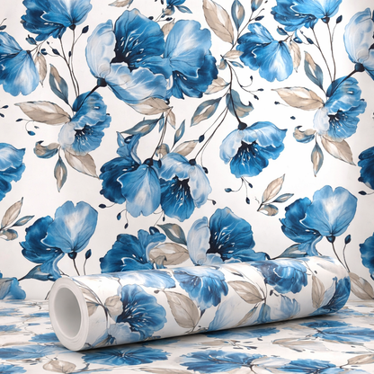 Elegant Blue Floral Vinyl Wallpaper