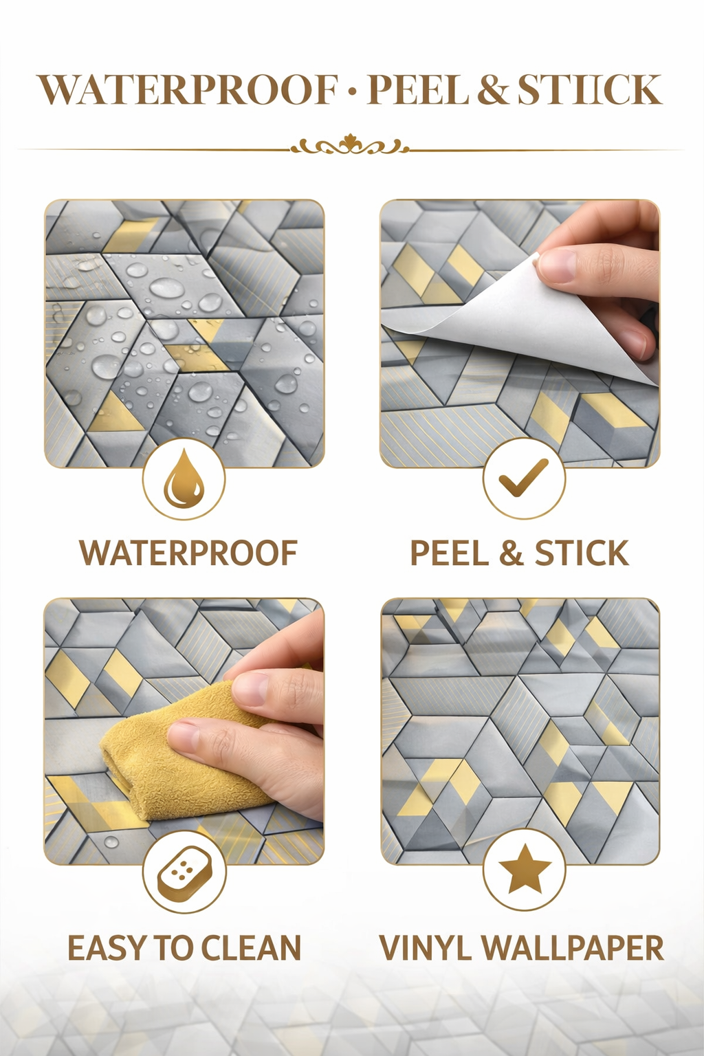 Luxury Geometric Light Grey & Gold Vinyl Wallpaper