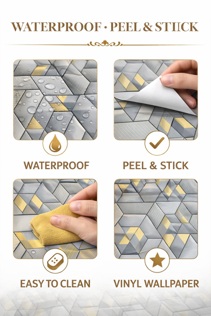Luxury Geometric Light Grey & Gold Vinyl Wallpaper