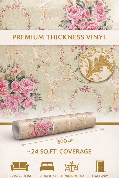 Vintage Floral Rose Wallpaper in Beige & Pink